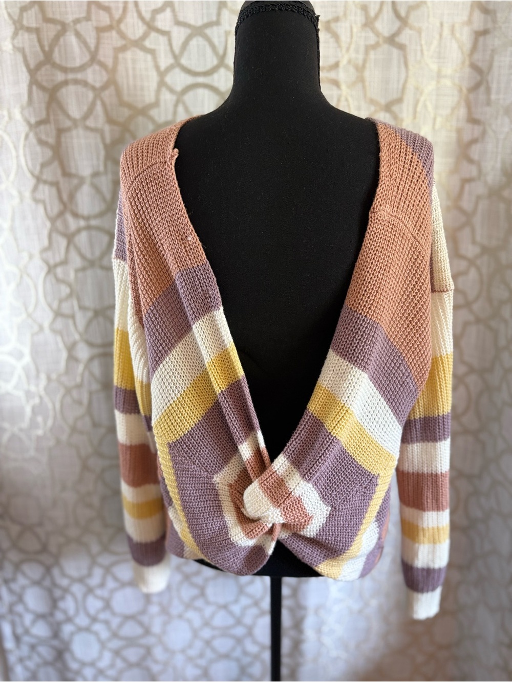 Love Tree Striped V-Neck Sweater in White, Yellow, Mauve & Tan